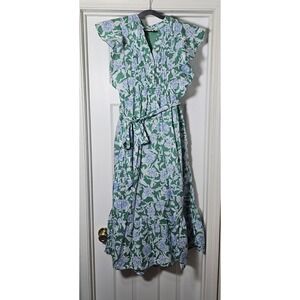 J. Marie Merritt Midi Dress Floral Green  Flutter Sleeve Button V-neck Medium